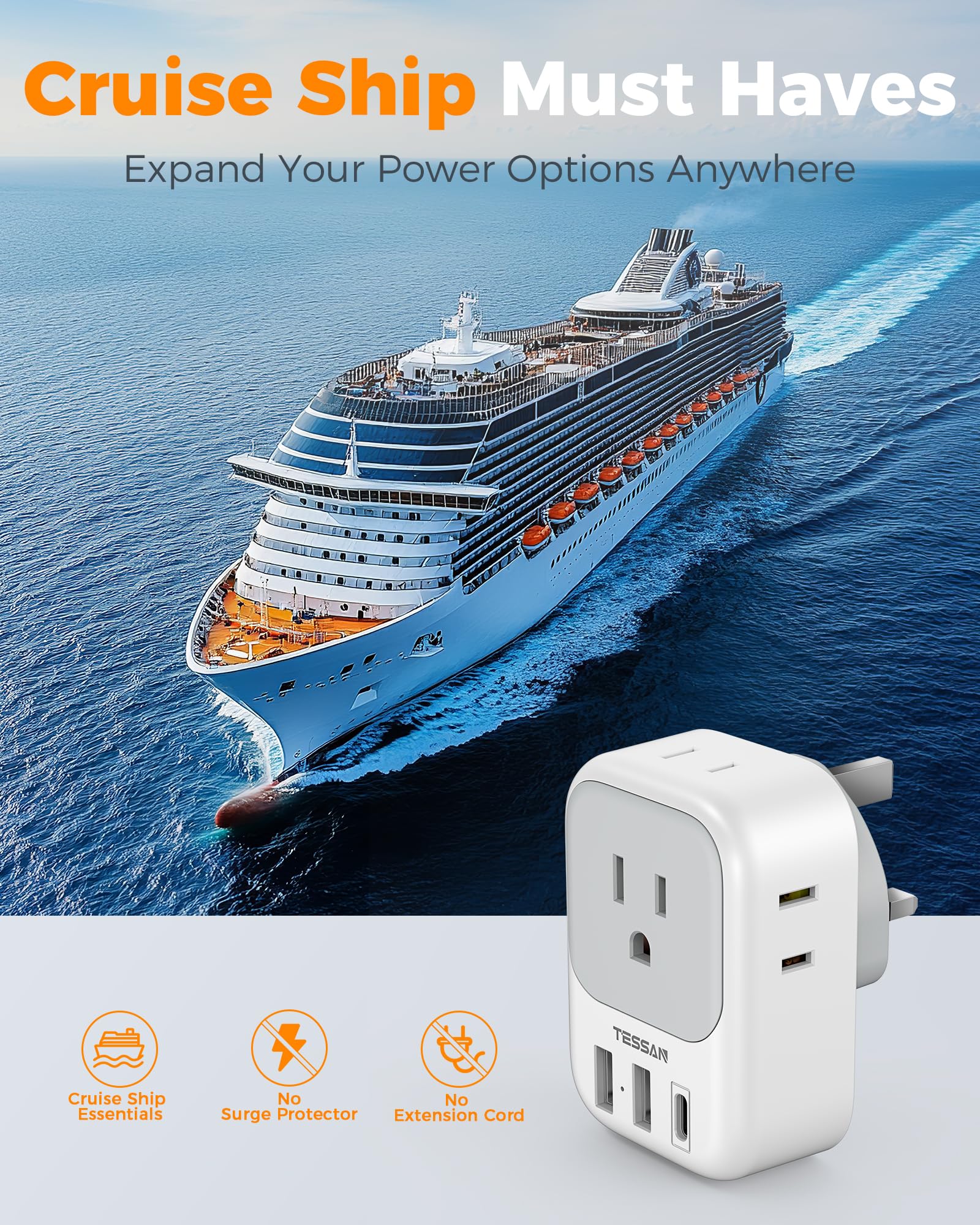 TESSAN US-to-UK adapter note-usage highlights safety and voltage considerations.