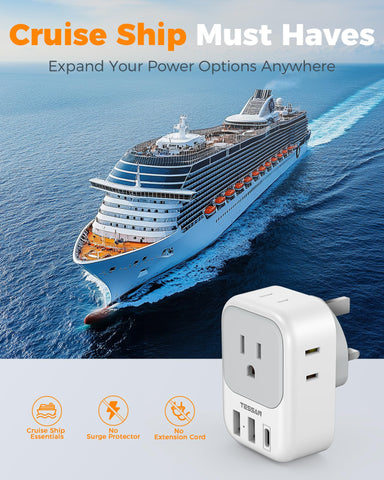 TESSAN US-to-UK adapter note-usage highlights safety and voltage considerations.