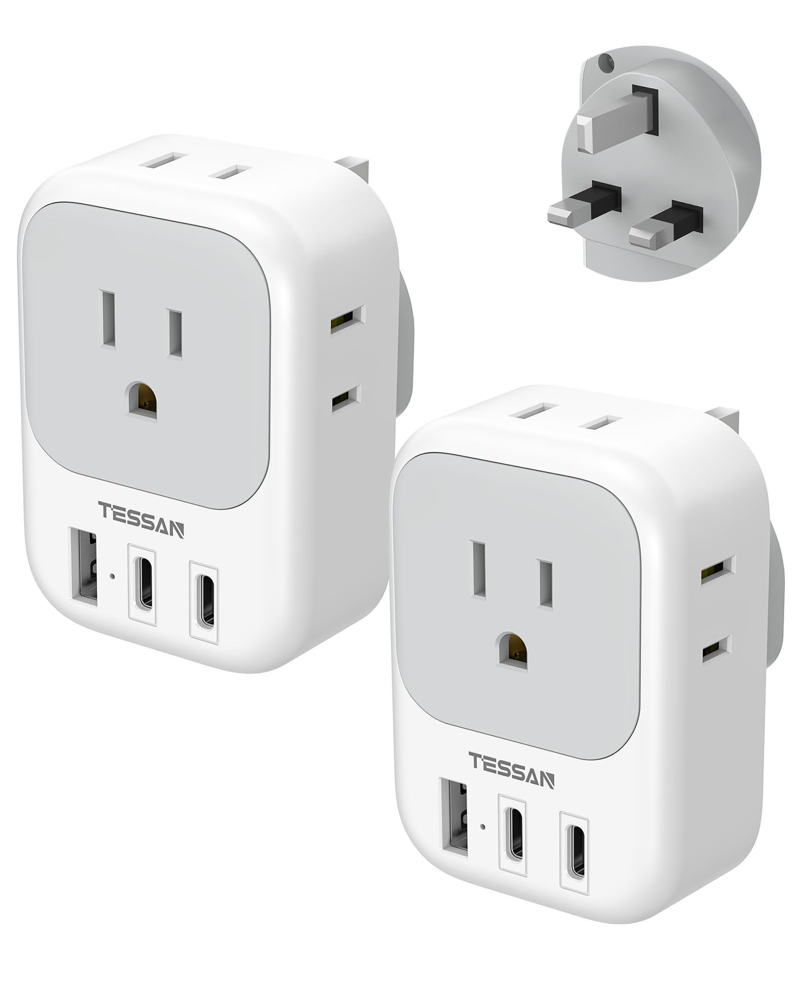 TESSAN US-to-UK plug adapter with four outlets and two USB-C ports for travel.