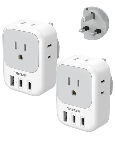 TESSAN US-to-UK plug adapter with four outlets and two USB-C ports for travel.