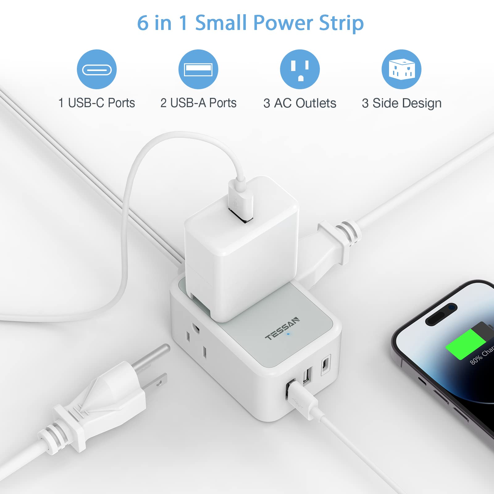 TESSAN USB-C charging station on a desk provides flexible charging from a 10 ft cord.