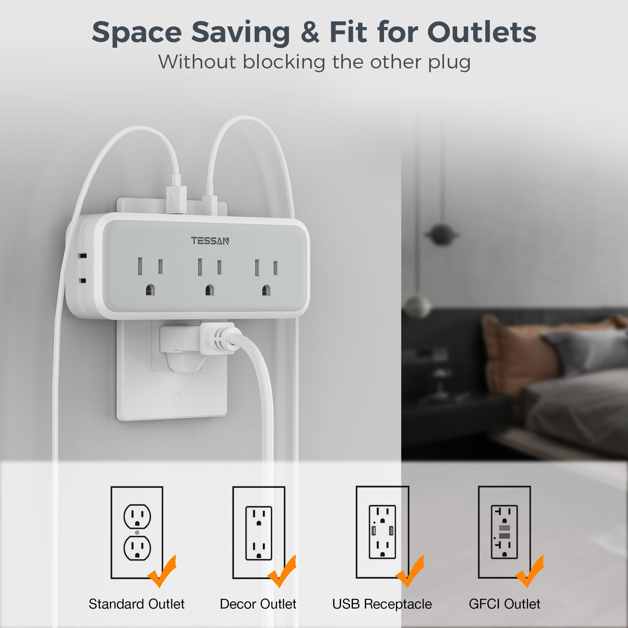 TESSAN surge-protected outlet guards electronics from spikes during storms or outages