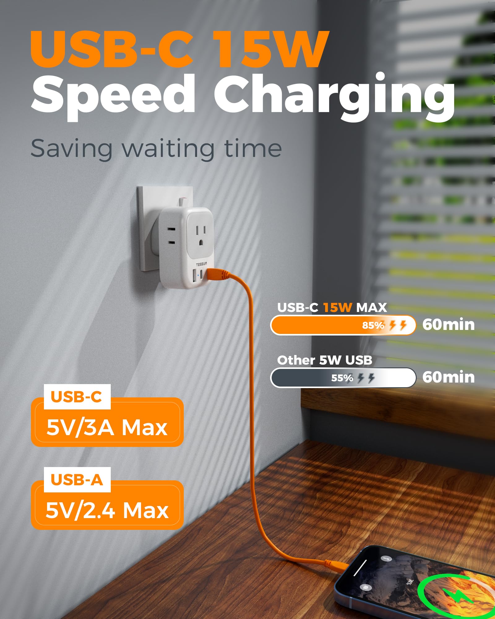 TESSAN USB-C port delivers 15W fast charging on UK adapter.