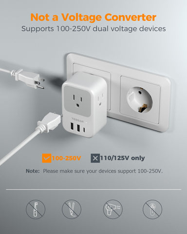 TESSAN retractable USB-C cable integrated into European adapter for tidy travel