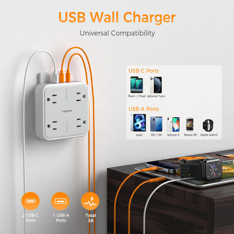 TESSAN USB-C wall plug with dual ports powers phones and tablets quickly.