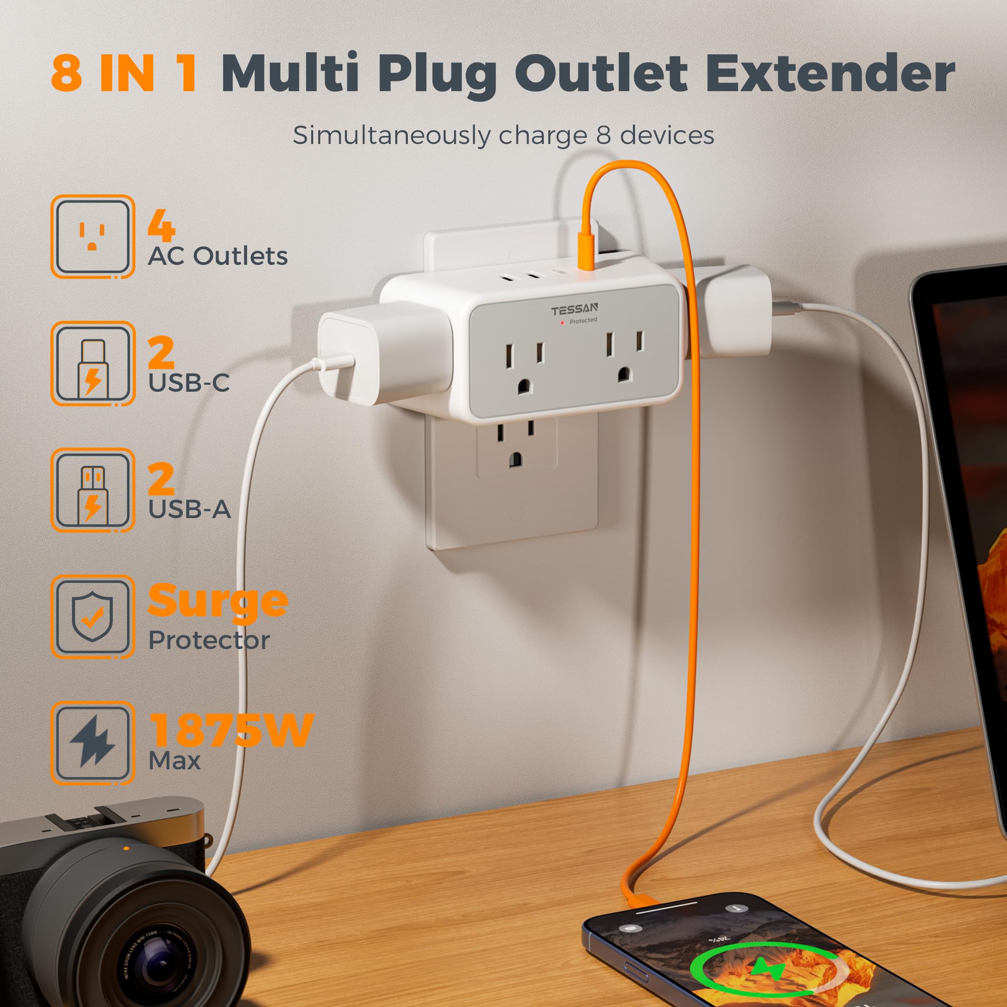 TESSAN USB ports closeup showing USB-C and USB-A for fast charging