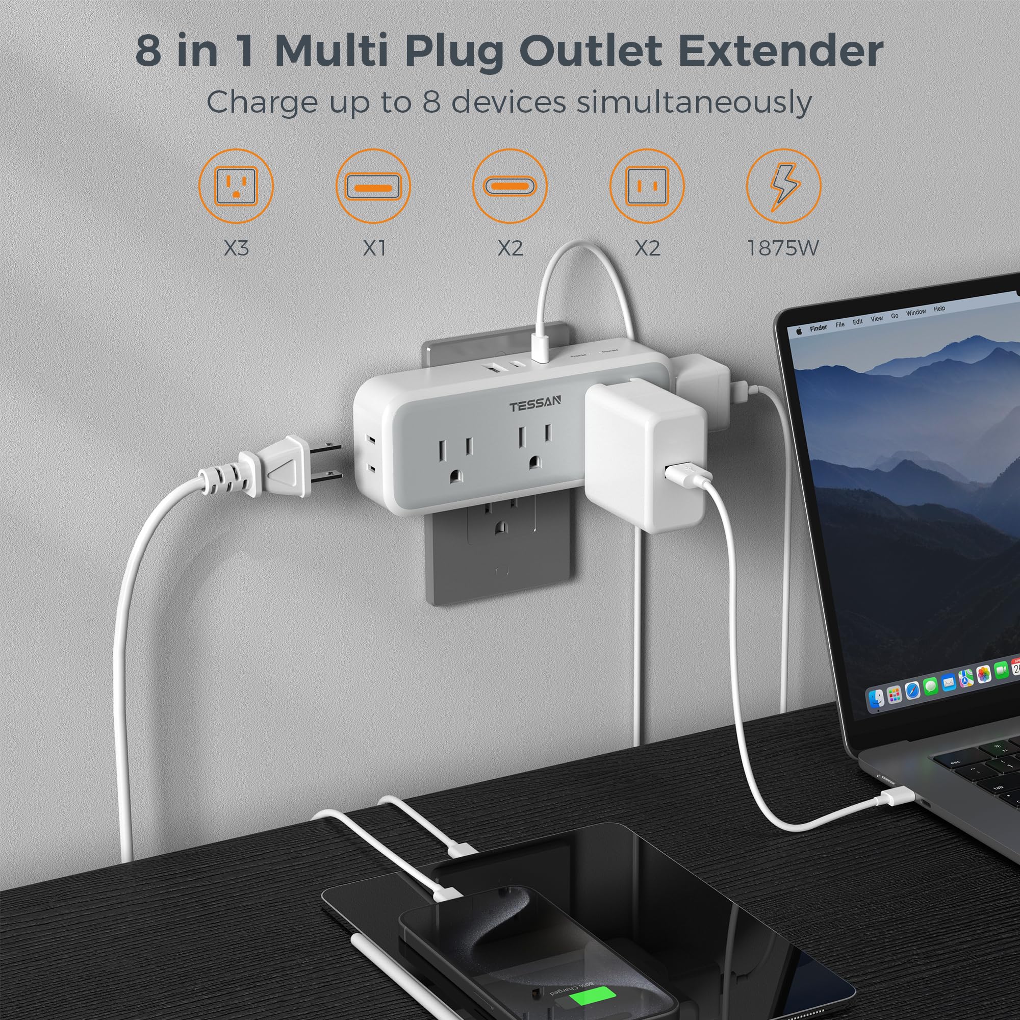 TESSAN wall plug with 5 outlets and 3 USB ports keeps devices powered efficiently
