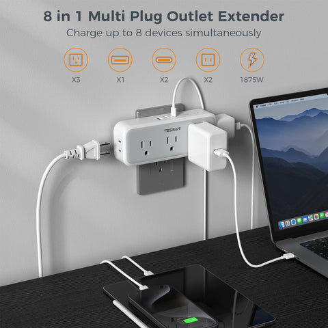 TESSAN wall plug with 5 outlets and 3 USB ports keeps devices powered efficiently