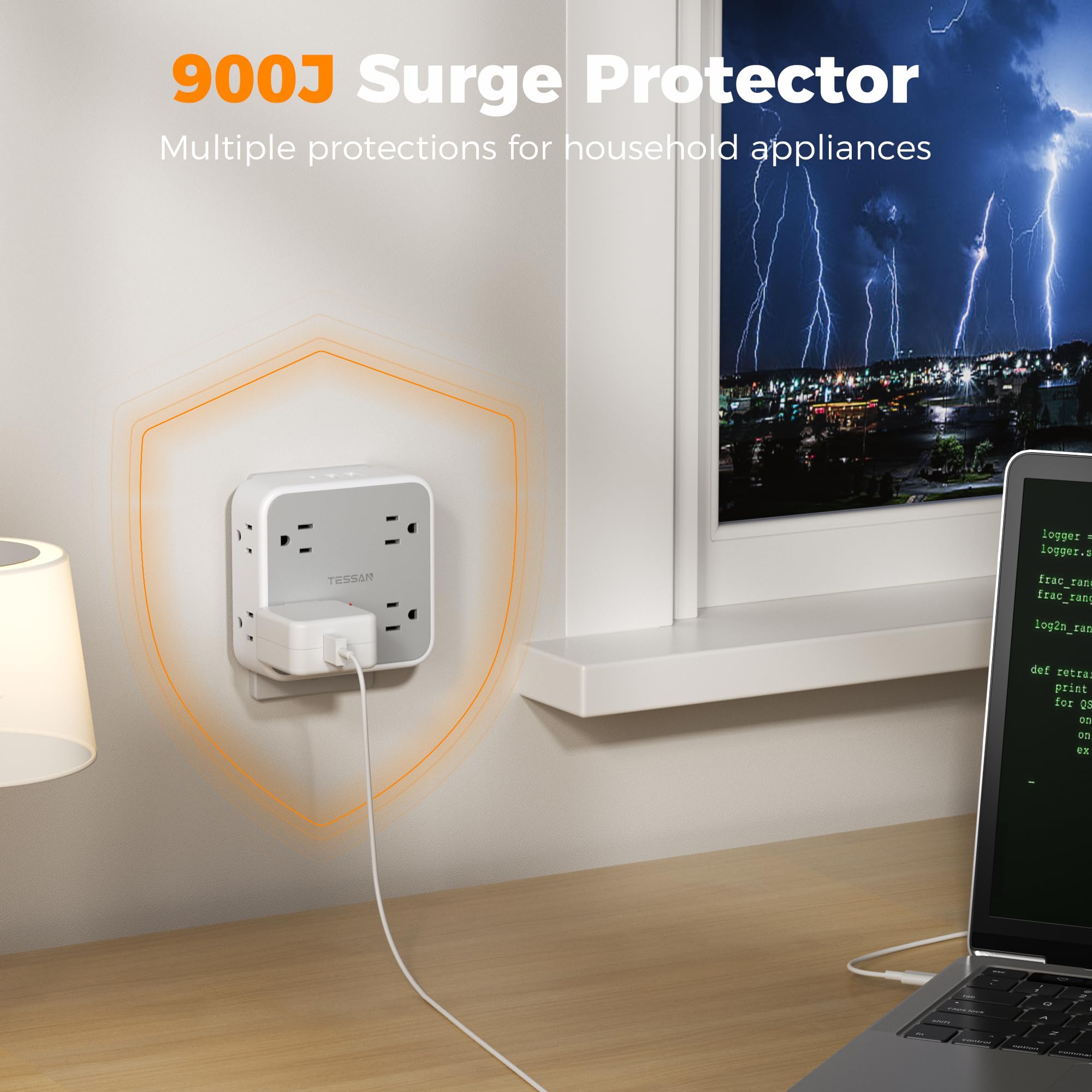 TESSAN wide-space outlet design avoids blocking large adapters and plugs.