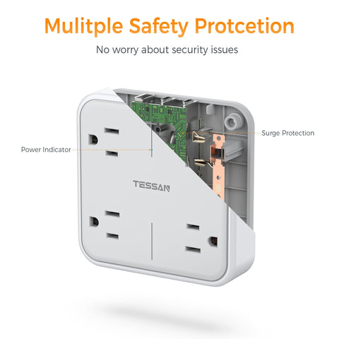 TESSAN wide-spaced outlets prevent bulky plugs from blocking others.