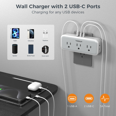 TESSAN wide-spaced outlets prevent crowding and blocked sockets for large adapters