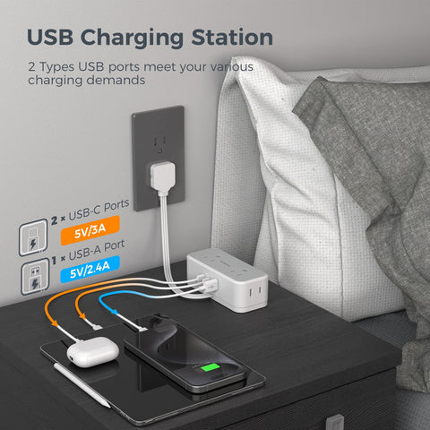 TESSAN wide-spaced outlets accommodate large plugs without blocking other devices.