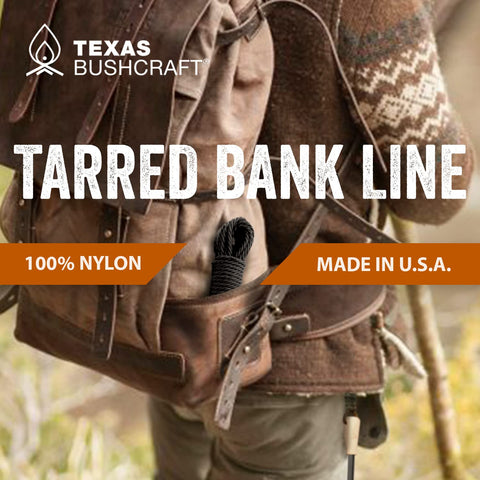 Texas Bushcraft tarred bank line twine black nylon strands for rugged outdoor tasks