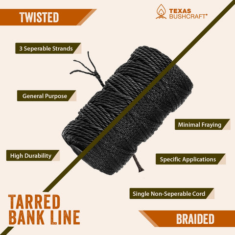 Texas Bushcraft tarred bank line twine resists brackish water exposure