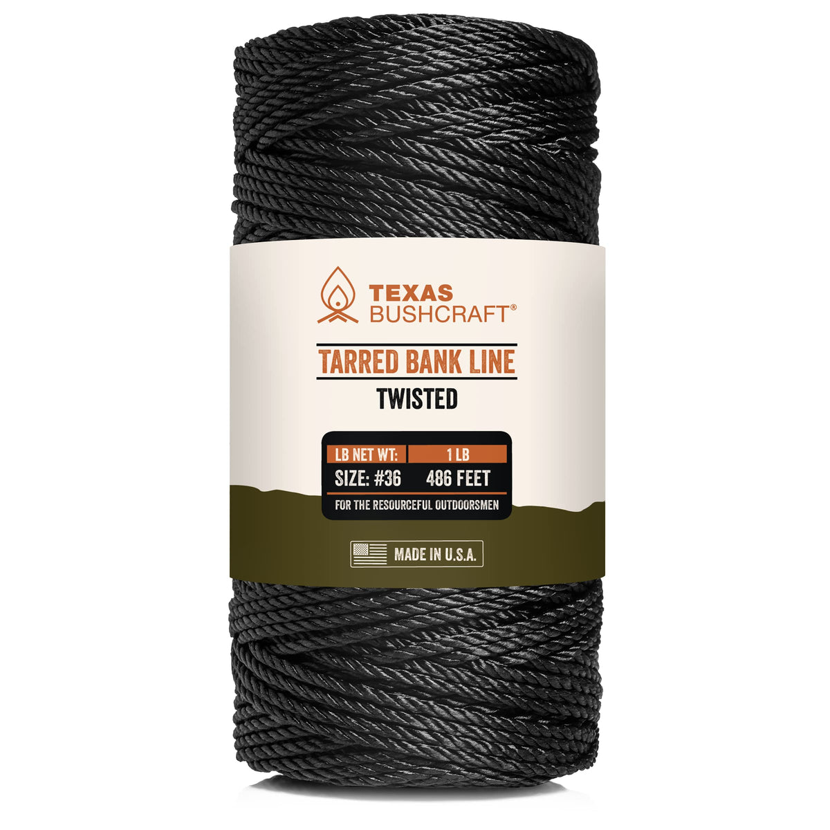 Texas Bushcraft tarred bank line twine coil demonstrates shelter and fishing utility