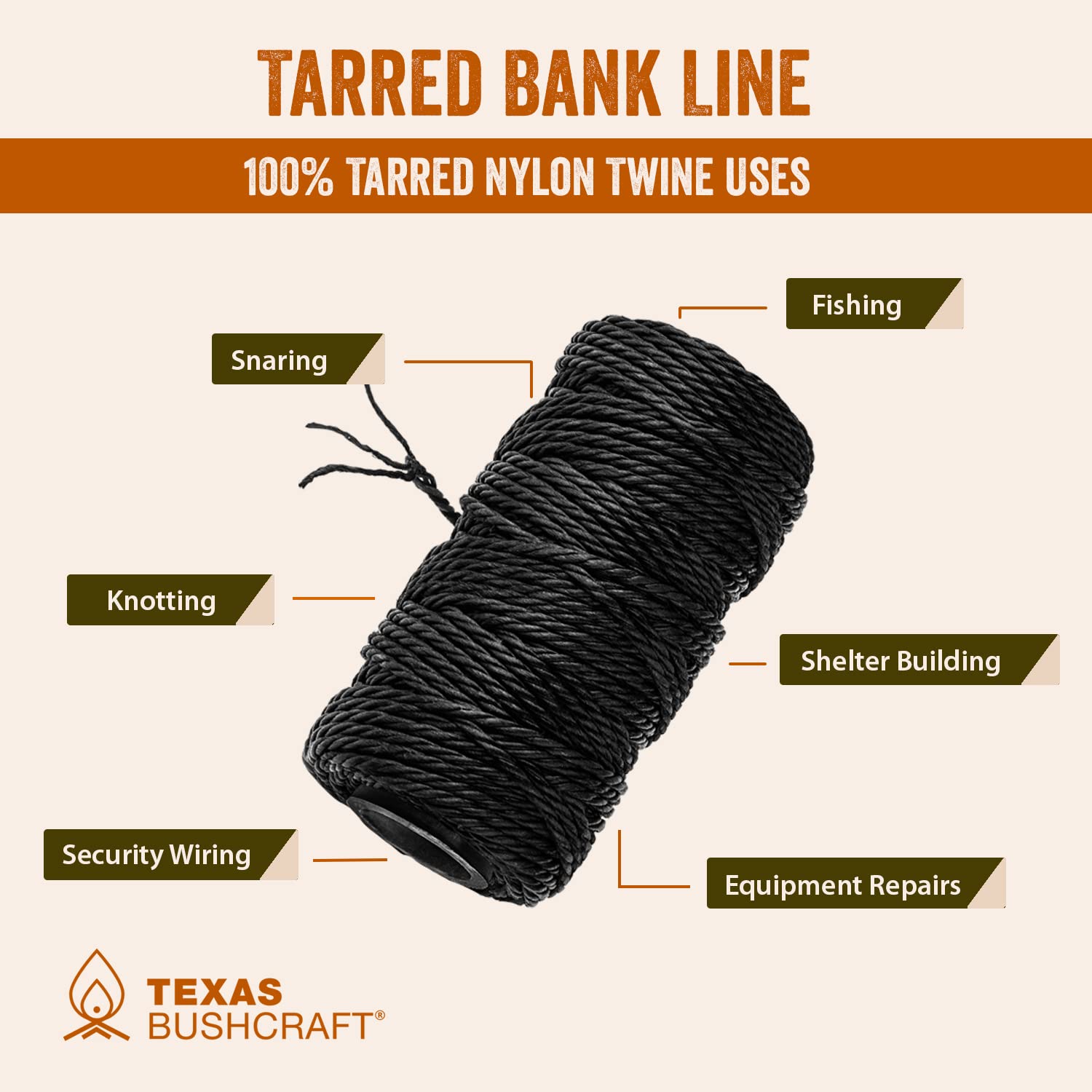 Texas Bushcraft tarred bank line twine lashings securing a tarp shelter
