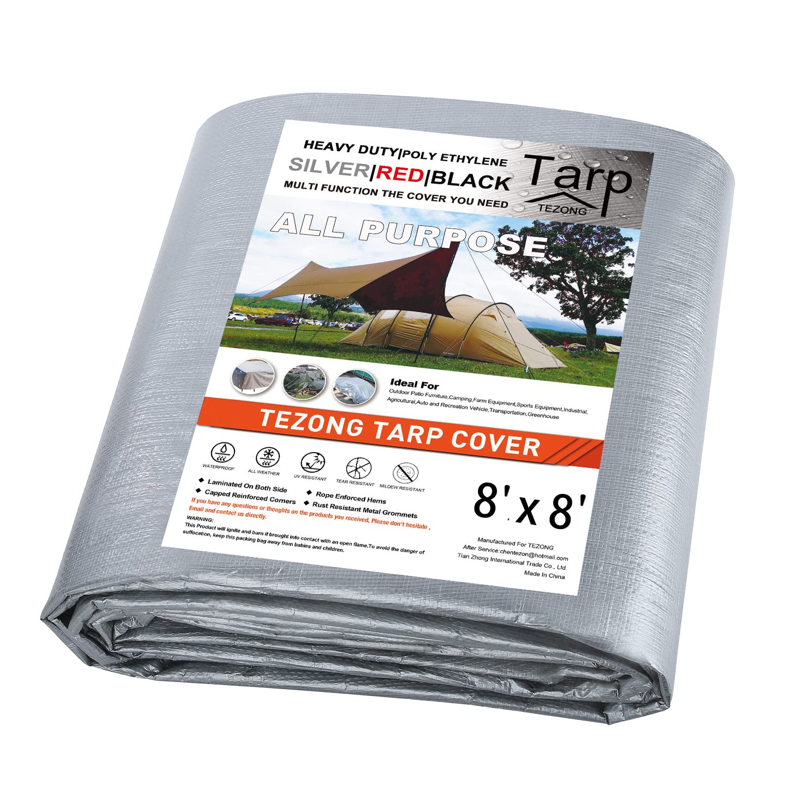 TEZONG 8x8 silver tarp provides waterproof cover for outdoor gear.