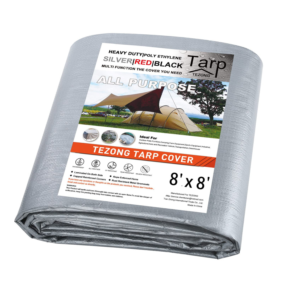 TEZONG 8x8 silver tarp provides waterproof cover for outdoor gear.