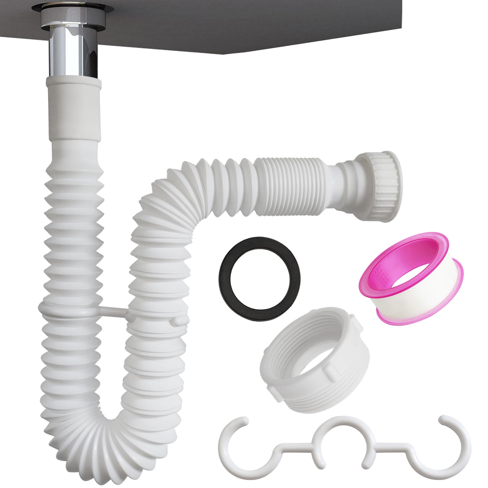 TGEOND white flexible P-trap assembly shown in a tight kitchen corner.