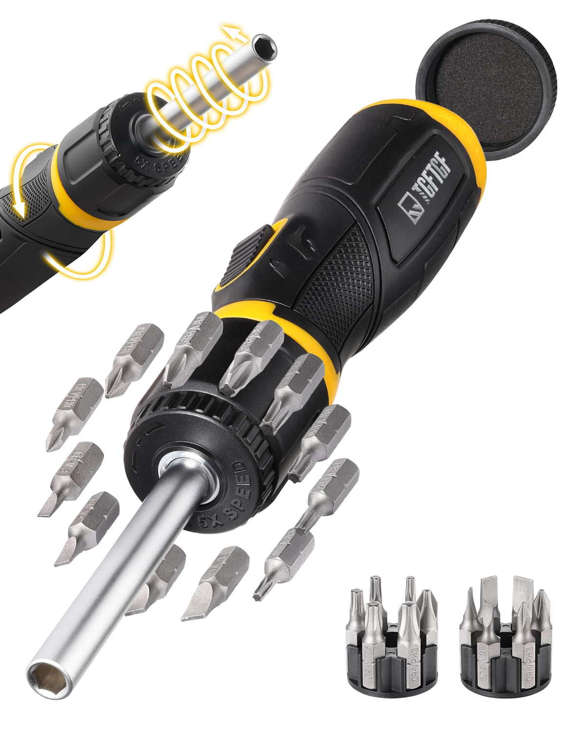 TGFTGF 13-in-1 magnetic ratcheting screwdriver with versatile bits for quick repairs.
