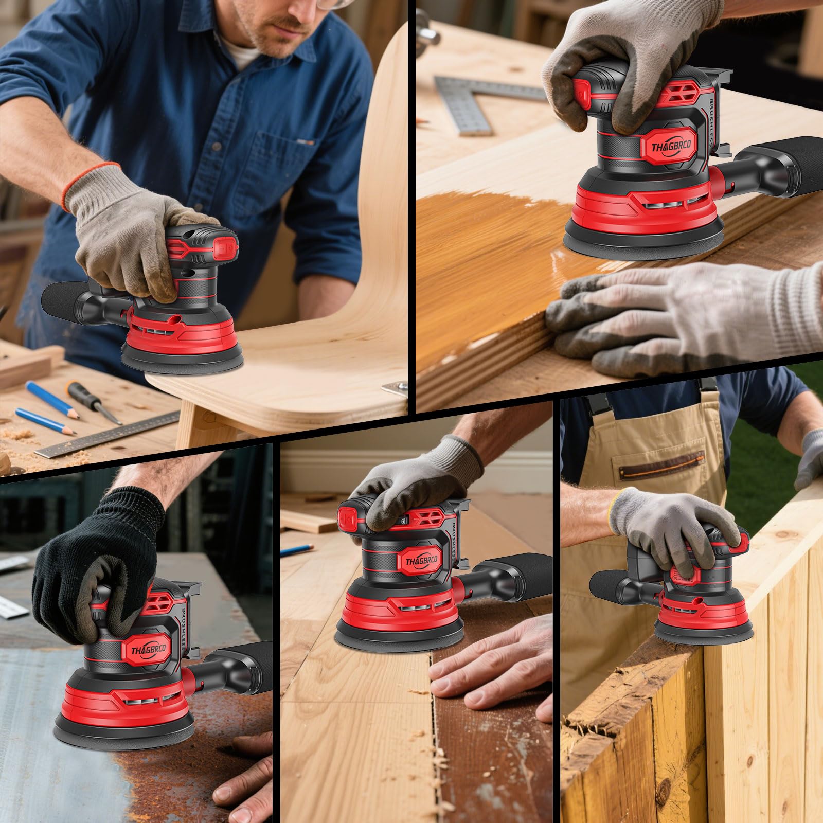 ThagBrco package includes sander, dust collector, hose adapter, and discs.