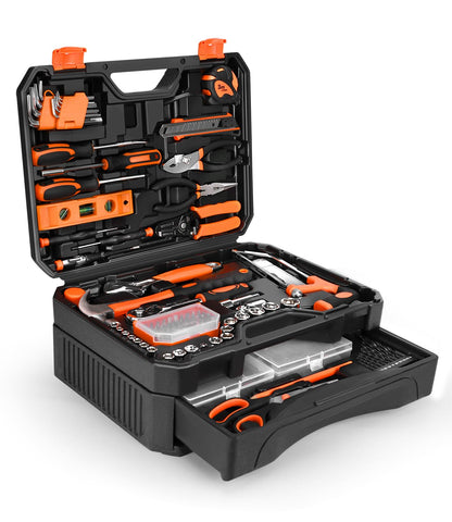 Thatool 328-piece tool set in an open toolbox for quick home repairs.