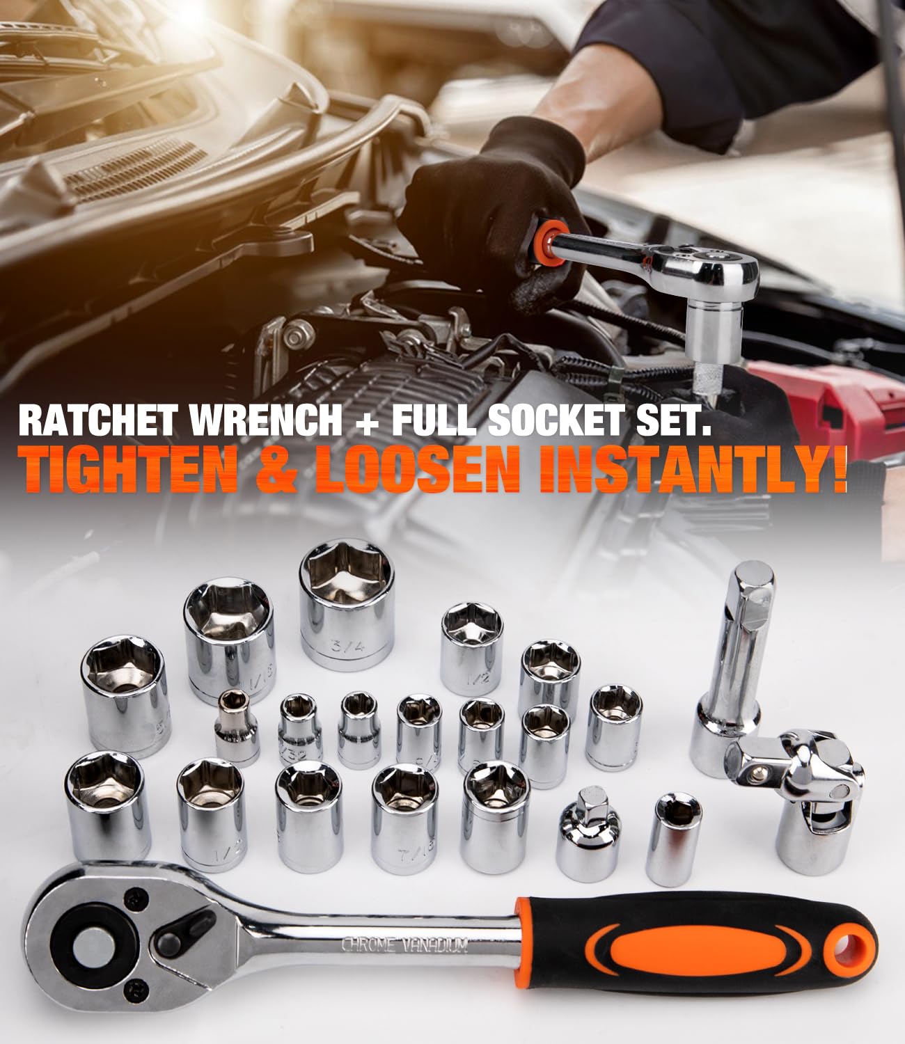 Thatool socket and ratchet set enabling efficient tightening tasks.