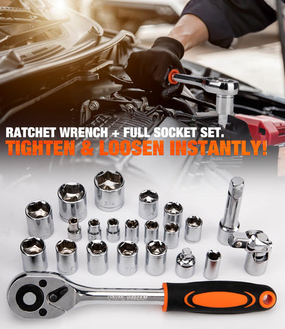 Thatool socket and ratchet set enabling efficient tightening tasks.