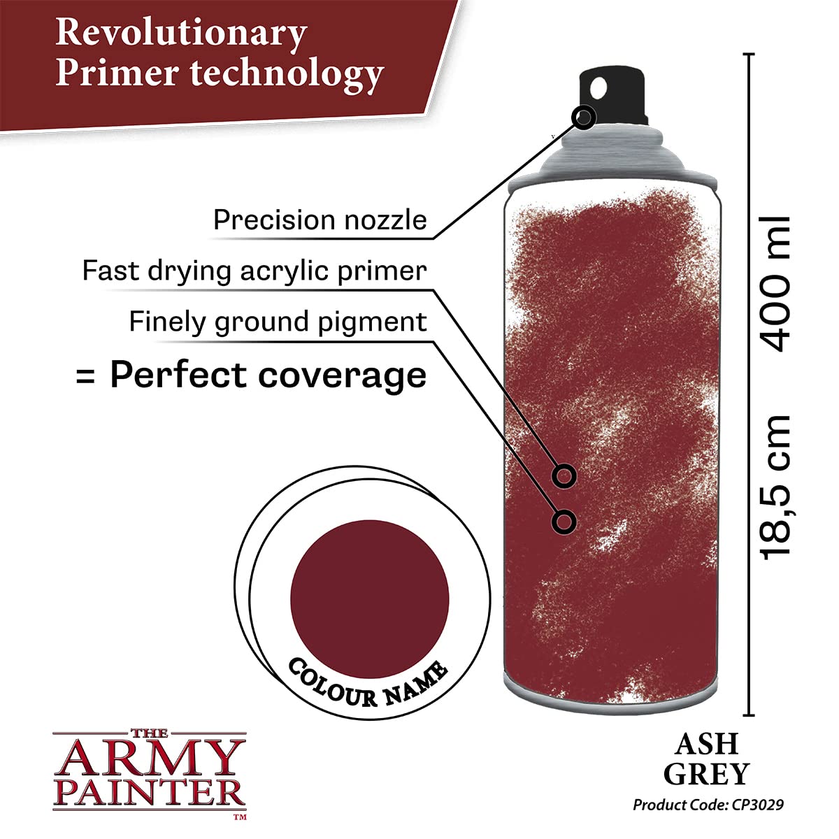 The Army Painter Ash Grey primer pigment closeup shows fine texture and depth.