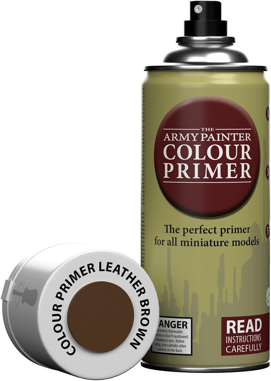 The Army Painter Leather Brown primer bottle ideal for leather-toned minis and props.