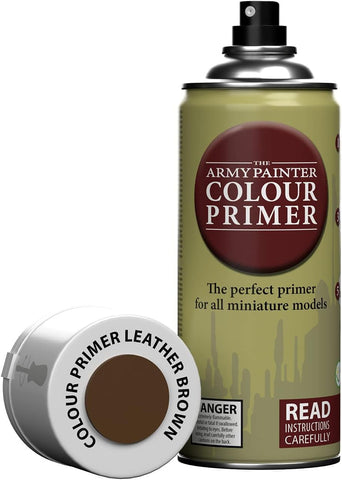 The Army Painter Leather Brown primer bottle ideal for leather-toned minis and props.
