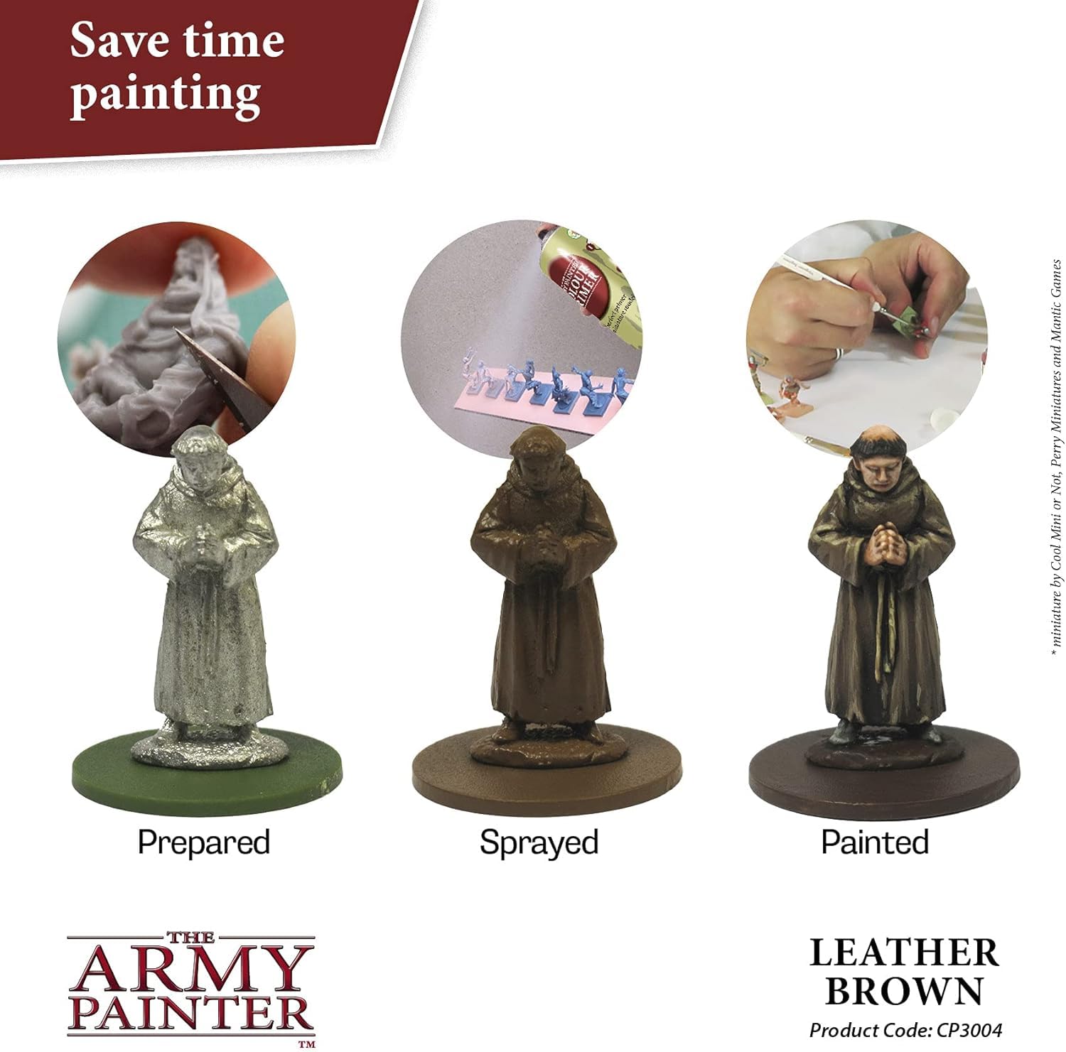 The Army Painter Leather Brown primer provides consistent coverage on metal, plastic, and resin.