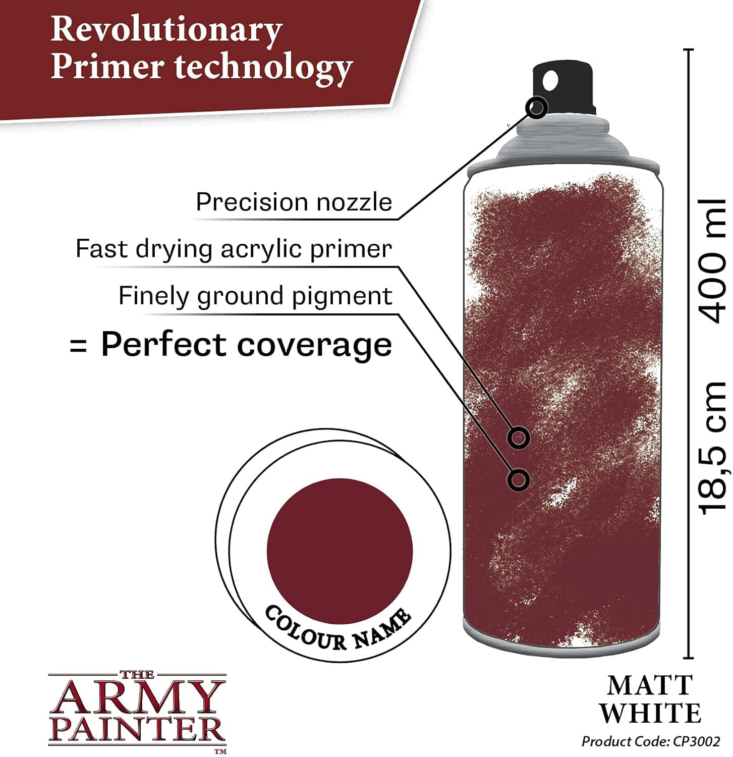 The Army Painter primer covers metal, plastic, and resin figures for even results.