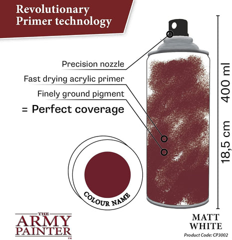 The Army Painter primer covers metal, plastic, and resin figures for even results.