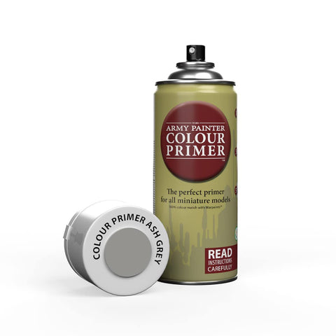 The Army Painter Colour Primer Ash Grey bottle provides a quick basecoat for metal, plastic, and resin minis.