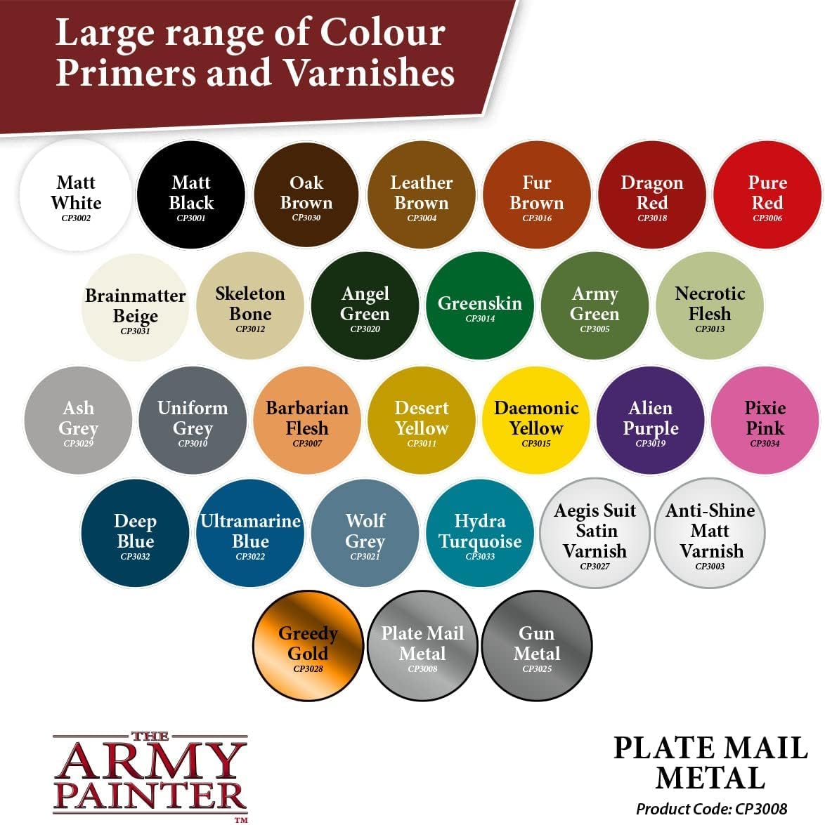 The Army Painter Colour Primer Plate Mail Metal 400mL applies a uniform base coat.