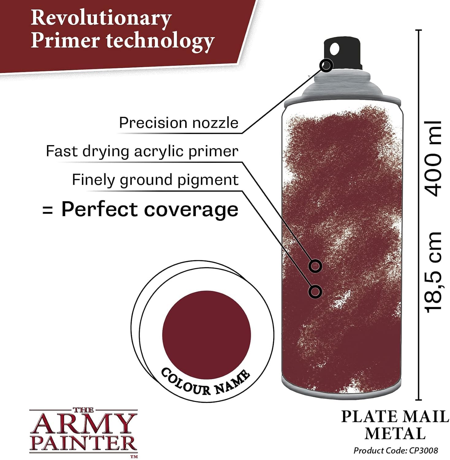 The Army Painter Colour Primer works on metal plastic resin for consistent coverage.