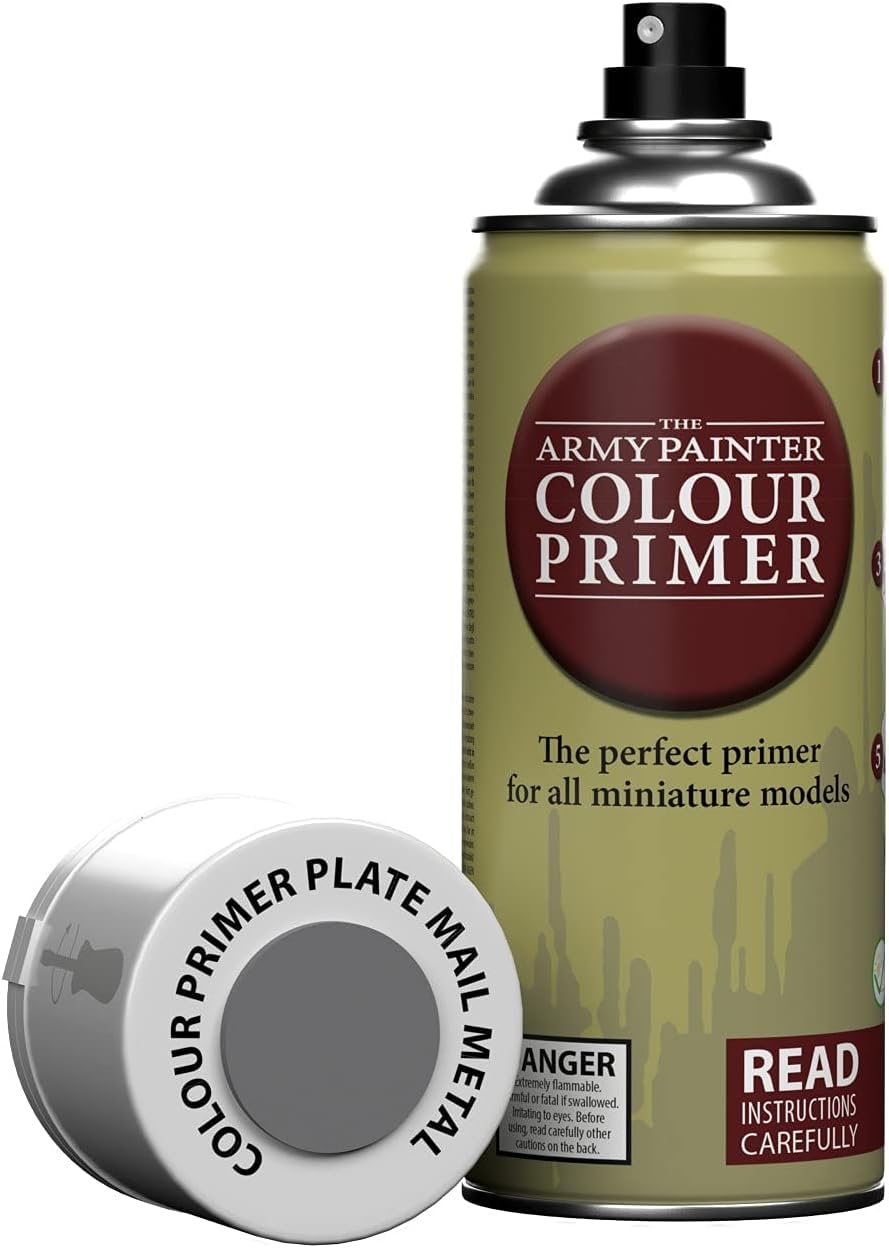 The Army Painter Colour Primer Plate Mail Metal 400 mL preps metal minis for painting.