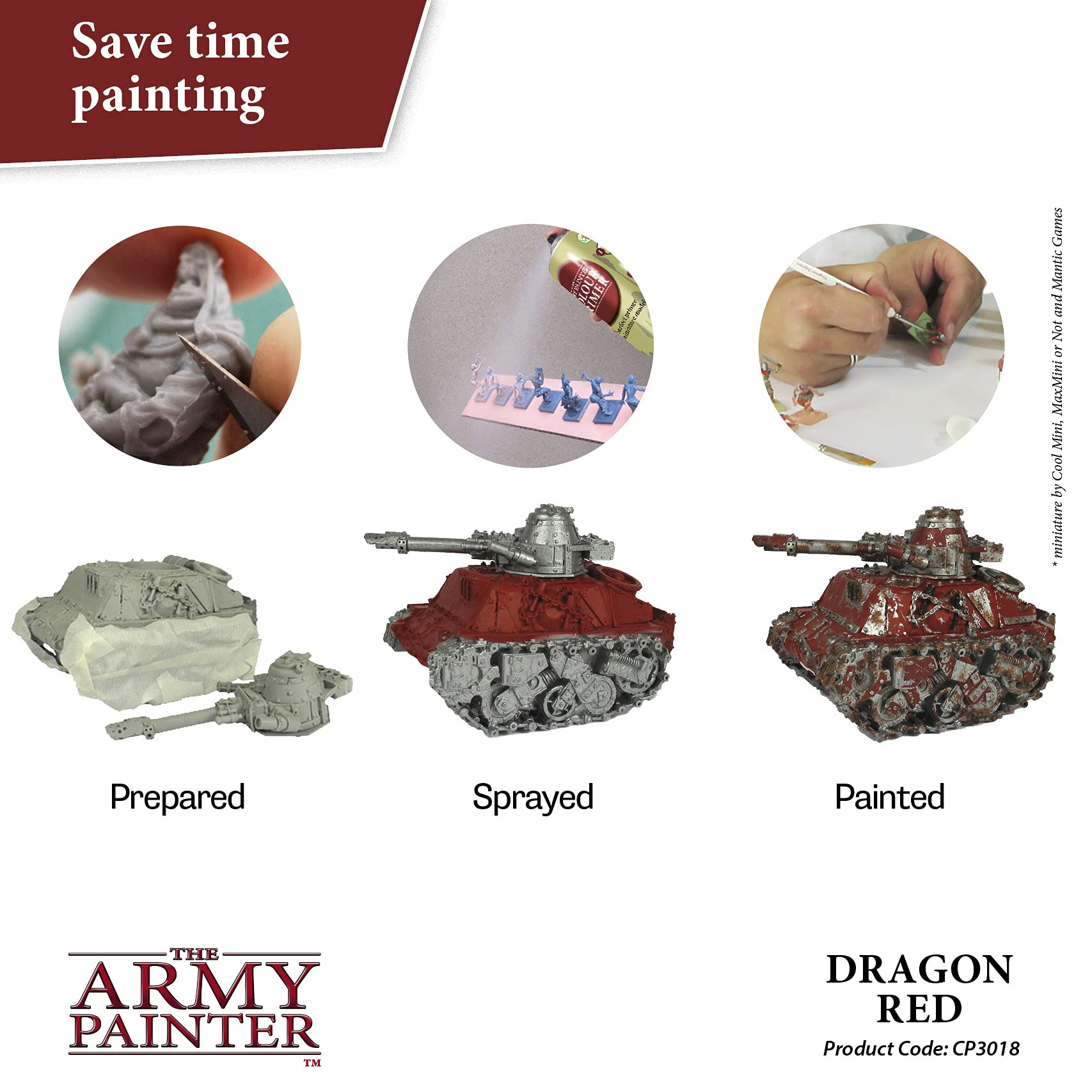 The Army Painter Dragon Red spray nozzle demonstrates a quick base layer for minis.