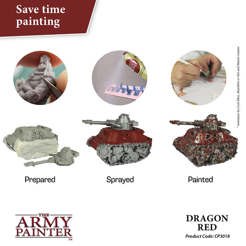 The Army Painter Dragon Red spray nozzle demonstrates a quick base layer for minis.