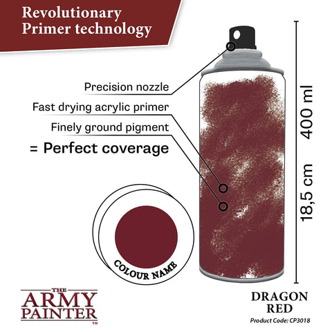 The Army Painter minis undercoat with Dragon Red finish enables smooth resin coverage.