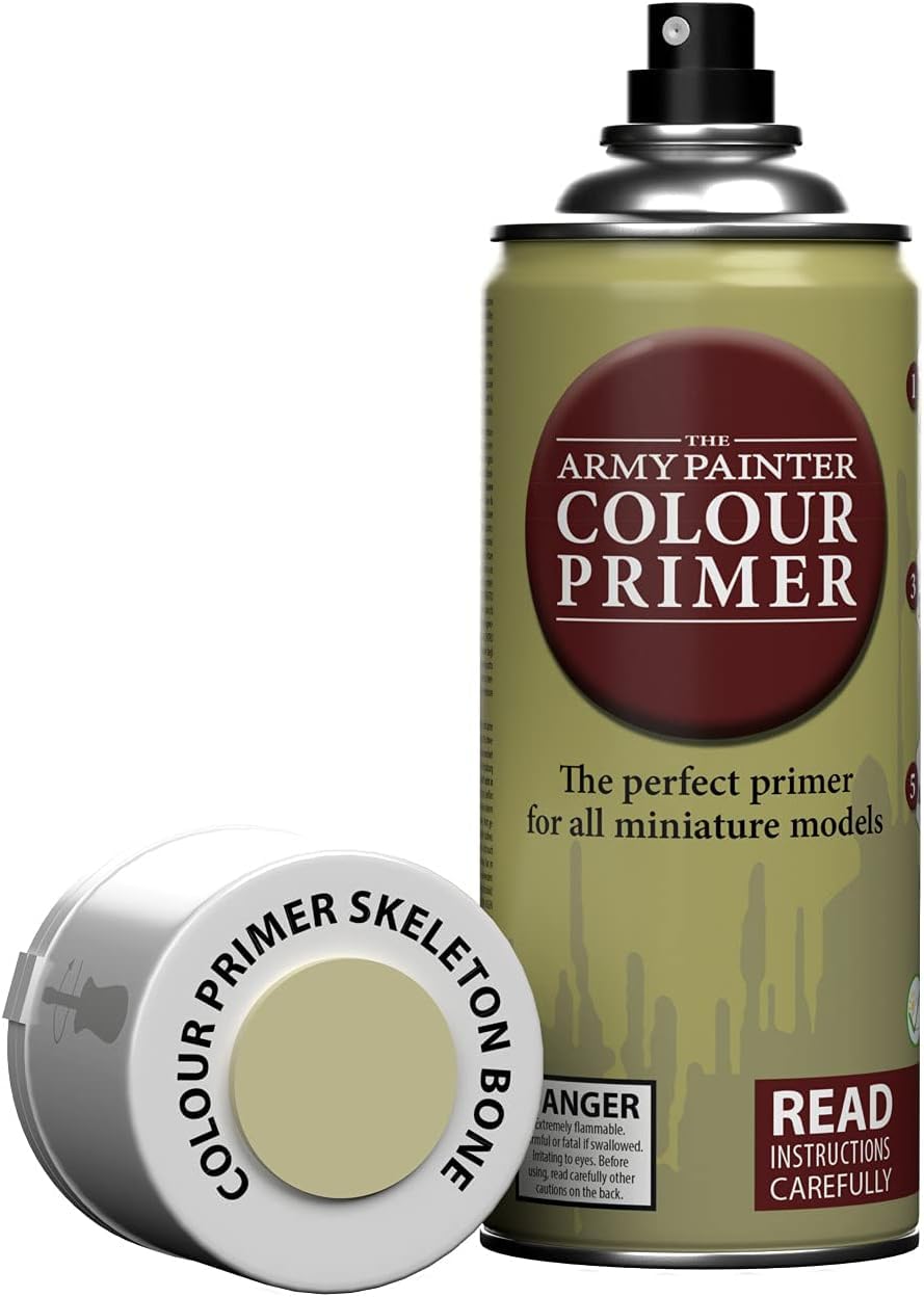 The Army Painter Skeleton Bone 400ml primer can delivering even coverage for metal, plastic, and resin minis.