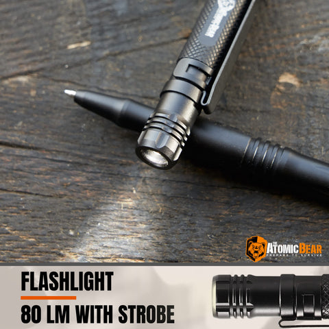 The Atomic Bear tactical pen flashlight illuminates dark spaces for visibility.