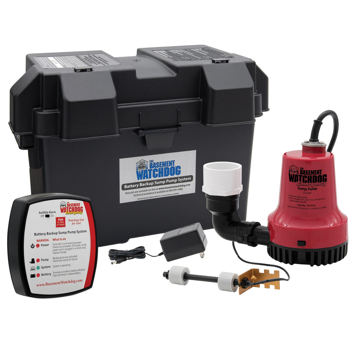 The Basement Watchdog backup sump pump front view, compact footprint for small pits.