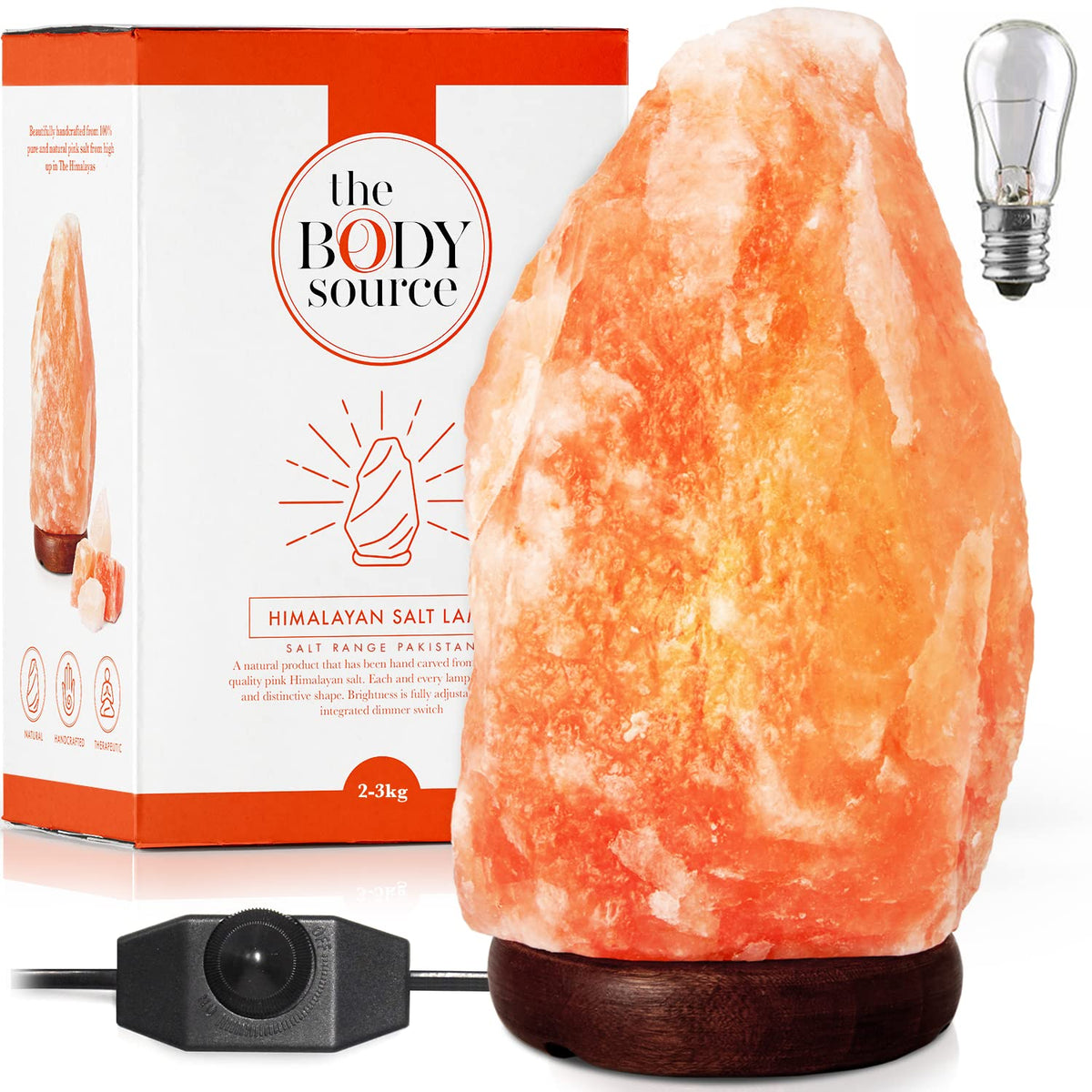 The Body Source Himalayan salt lamp 10-12 inches glows warmly for cozy ambience.