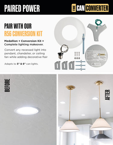 The Can Converter UL-certified ceiling medallion offers safe, reliable upgrades.