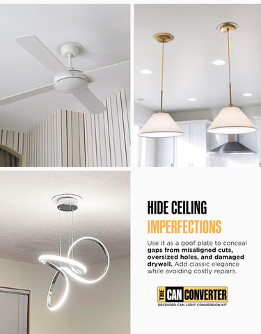 The Can Converter white flat round medallion ready to cover gaps around pendant lights.