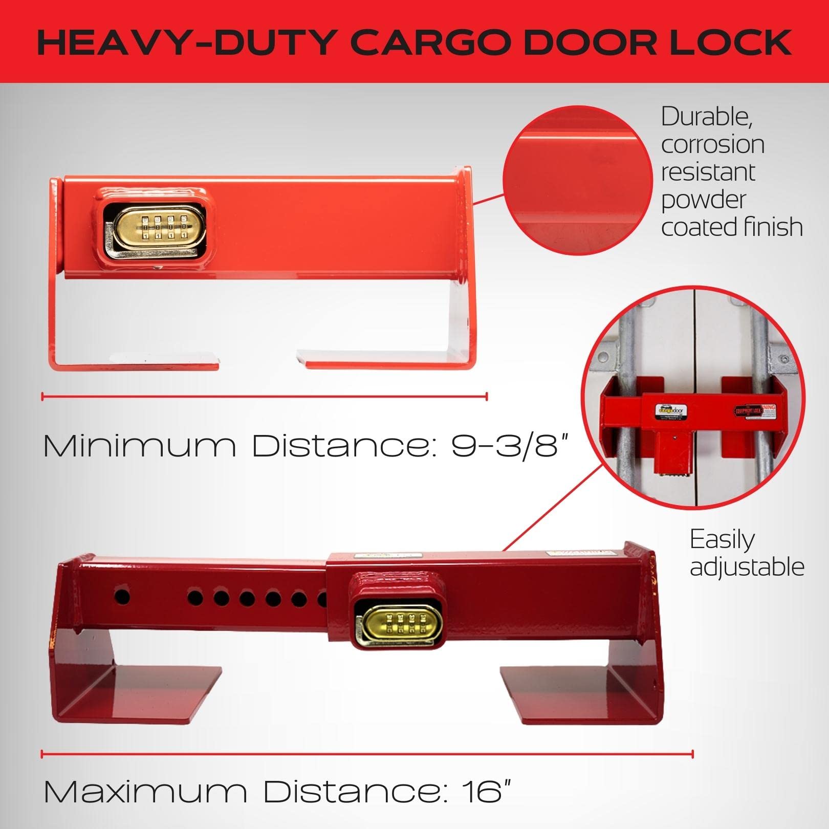 Red powder-coated finish on the lock—weather and corrosion resistance for outdoor use.