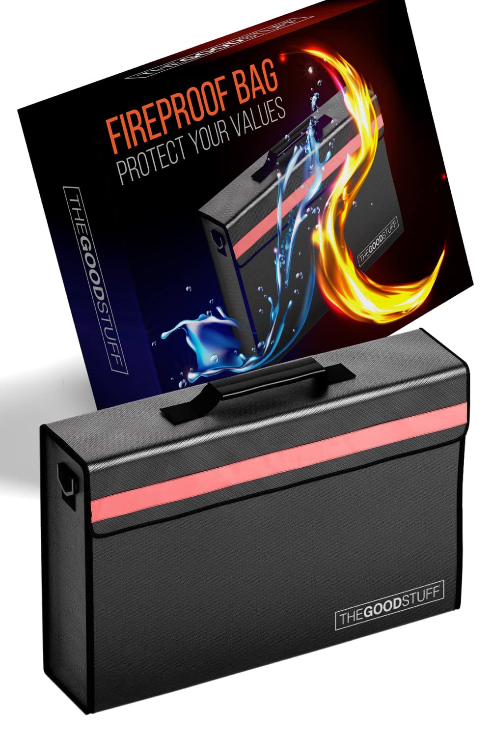 The Good Stuff fireproof box exterior shows rugged construction for safe document storage.