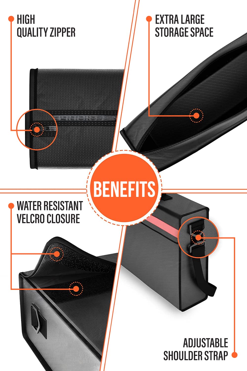 The Good Stuff fireproof box reinforced zipper area emphasizes water resistance and durability.